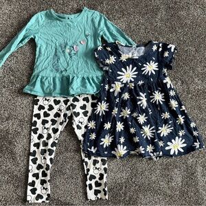 3 Set Lot Girls - Disney Valentine Heart Leggings & Flower Dress